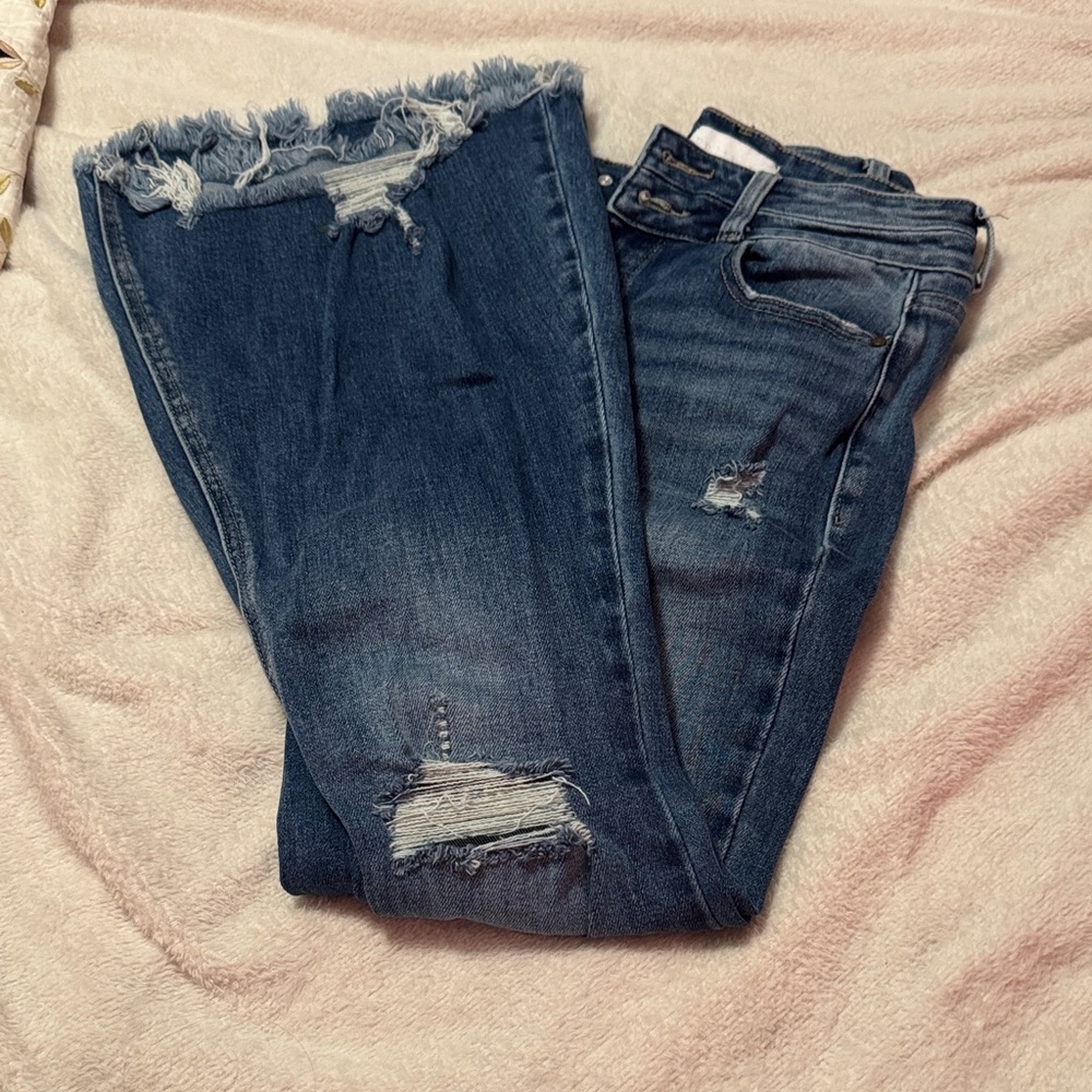 Frayed Hem Boot Cut Jeans in Deep Blue